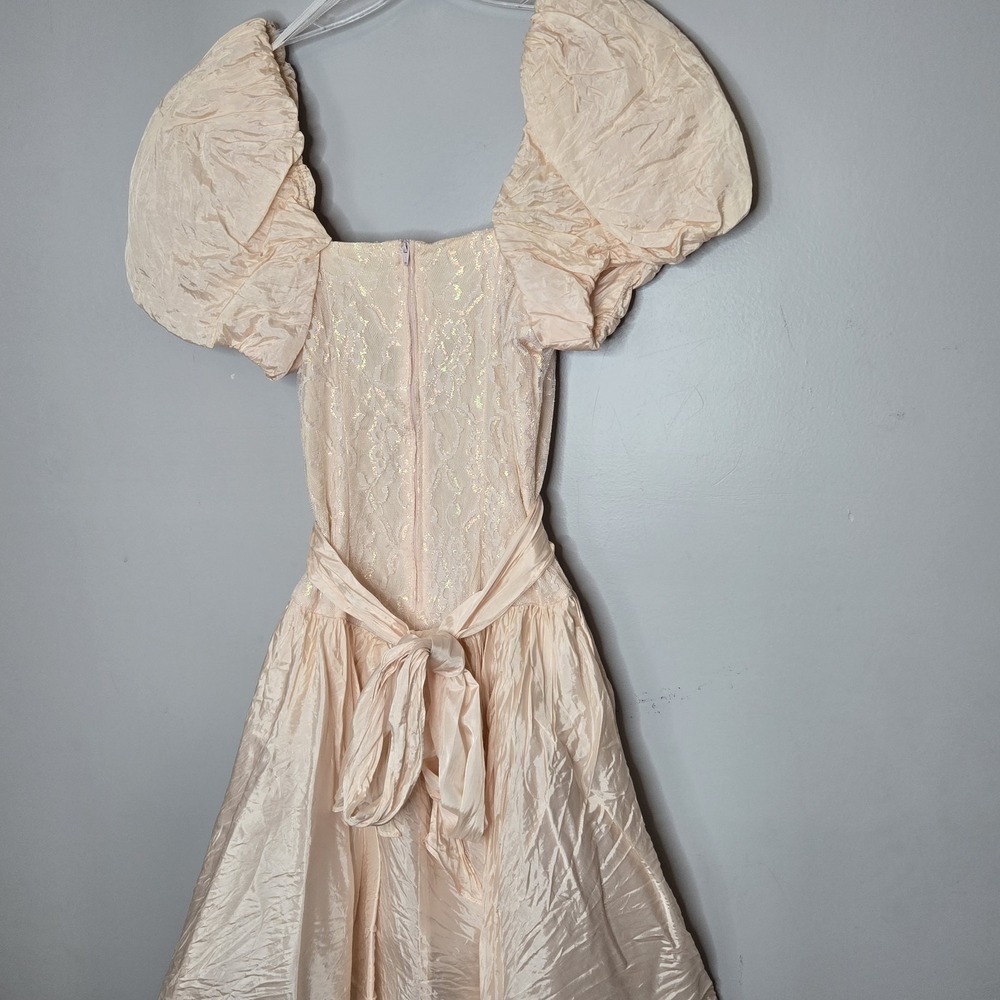Vtg 80s Mayvens of California Iridescent Peach Pink Lace Puff Sleeve Prom Dress - Picture 11 of 14